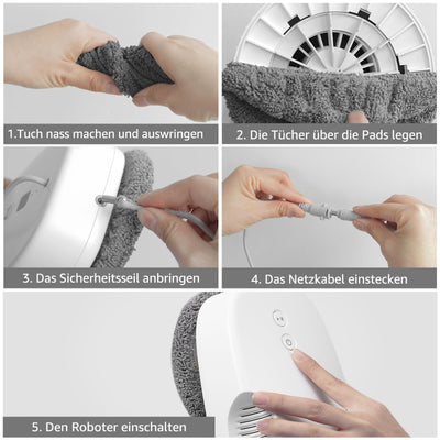 HUTT DDC55 Fensterputzroboter, Fensterputzer Elektrisch, Automatischer Fensterroboter, Fensterreiniger Roboter Fernbedienun, für Innenaußenfenster, Glas, Fliesen, 12x Stück Lappen