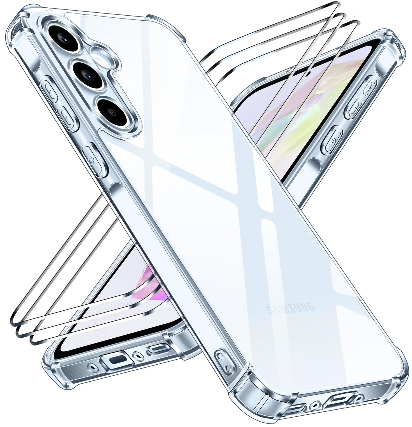 iVoler Nie Vergilbung Klar Hülle für Samsung Galaxy A35 5G mit Stoßfest Schutzecken, 1 Handyhülle mit 3 Stück Panzer Schutz Glas, [Militärischer Schutz] Transparent Schutzhülle Dünn Durchsichtige Case