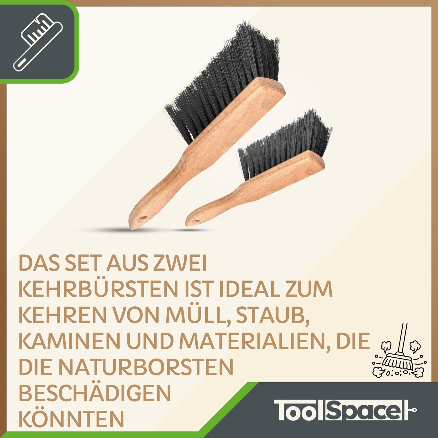 ToolSpace Handbesen x 2 - Handfeger aus Holz | Kehrwisch Besen Kunstborsten | Handkehrbesen | Handbesen Kamin, Camping | Kunststoff | Besen Winkel | Kehrset | Holzgriff Bürste | Hand Staubsauger