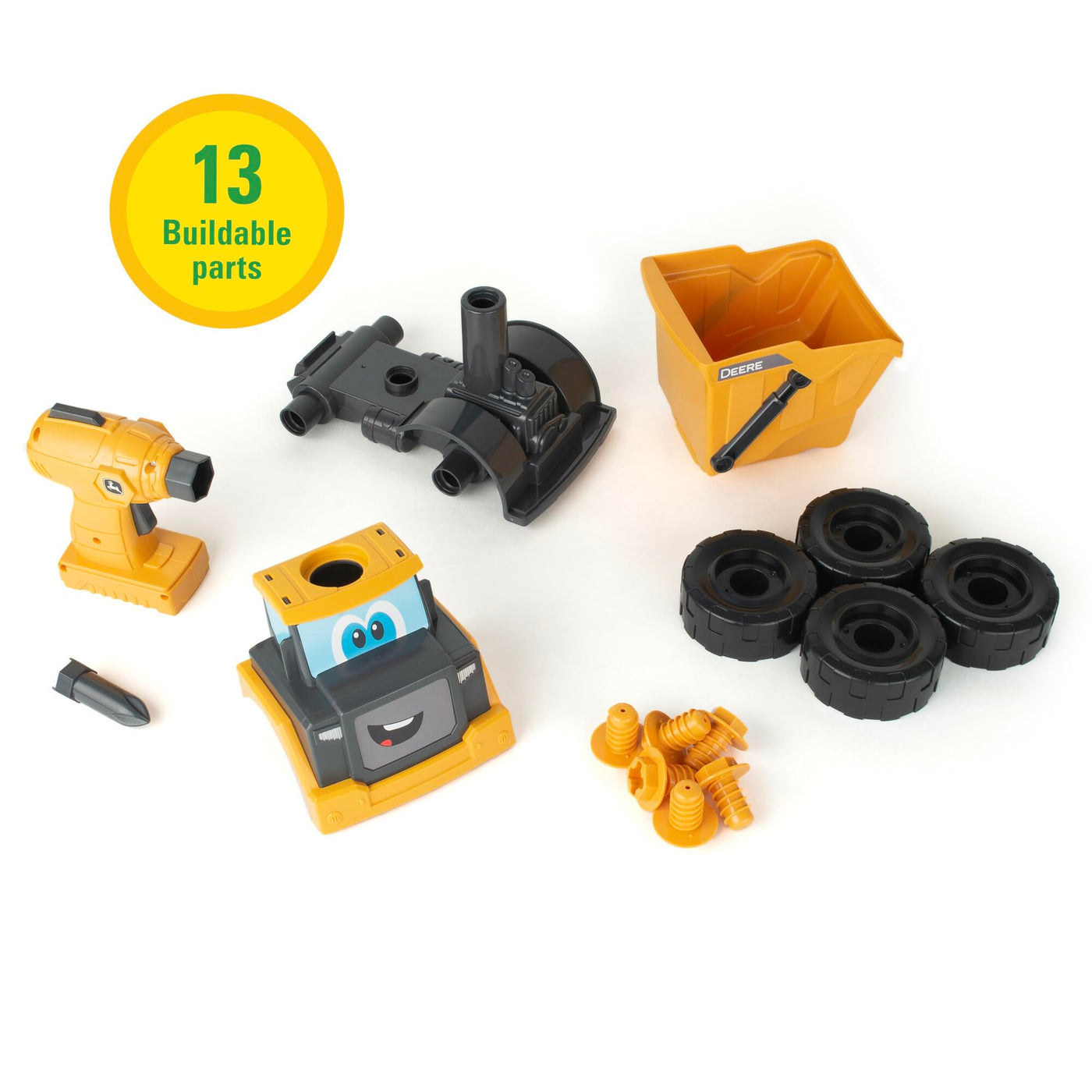 John Deere Kids Build-A-Buddy Yellow Dump Truck - 13 Piece Take Apart Toy Truck with Battery Powered Drill - Childs Farm Toy Cars - Educational STEAM Toys and STEM Toys - Plus 18 Month Old Baby Toys