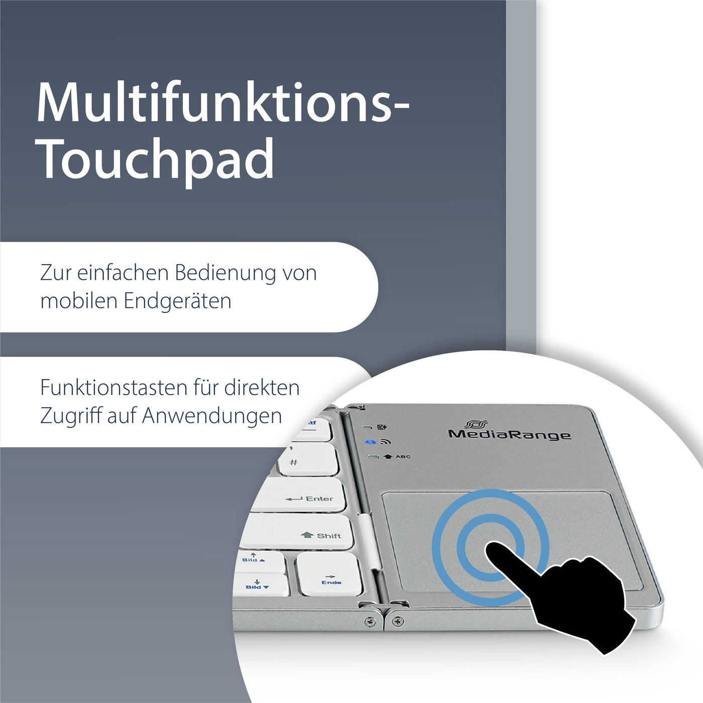 MediaRange kompakte Funk-Tastatur mit 63 Tasten und Touchpad, QWERTZ (DE/AT/CH) Tastaturbelegung, silber