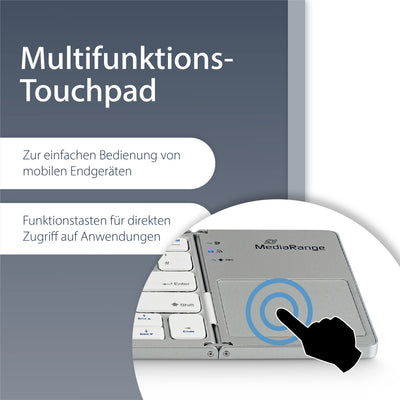 MediaRange kompakte Funk-Tastatur mit 63 Tasten und Touchpad, QWERTZ (DE/AT/CH) Tastaturbelegung, silber