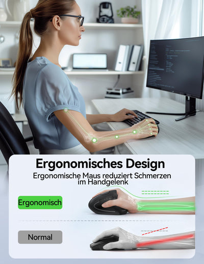 TECKNET Wiederaufladbar Ergonomische Maus Kabellos, 2.4G Optische Vertikale Maus Ergonomisch, 5 Einstellstufen bis 4800DPI, Leise Wireless Vertical Mouse mit 6 Tasten für Laptop, PC, Windows, Mac OS