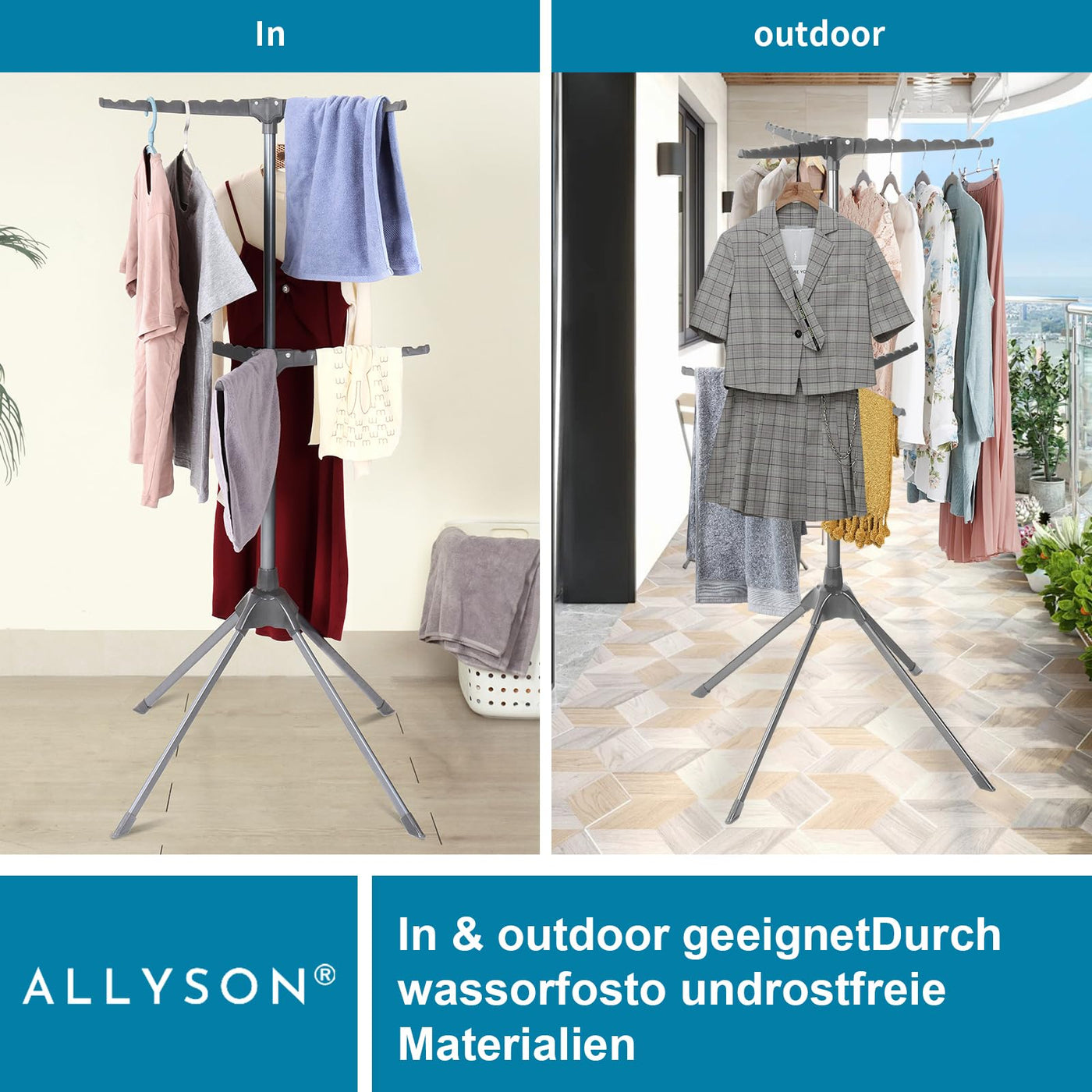 Allyson Wäscheturm - Wäscheständer Ausziehbar für stabiles, rutschfestes und platzsparendes Wäschetrocknen - (65cm x 71cm x 136cm) Platzsparender Wäschetrockner für Innen & Außen