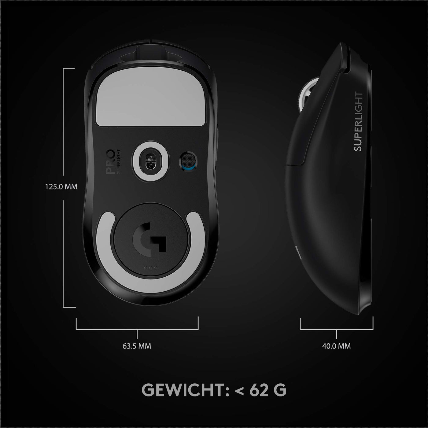 Logitech G PRO X SUPERLIGHT kabellose Gaming-Maus mit HERO 25K Sensor, Ultra-leicht mit 63g, 5 programmierbare Tasten, 70 Stunden Akkulaufzeit, PTFE-Füße ohne Zusatzstoffe, PC/Mac - Schwarz