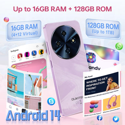 OUKITEL C5 Smartphone Ohne Vertrag, 16GB RAM+128GB ROM/1TB, 6.52" Bildschirm Handy Ohne Vertrag, 5000mAh Android Smartphone, 13MP Kamera Simlockfreie Handys, Dual 4G SIM/Face ID/OTG/3.5mm Jack