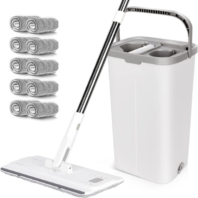 MASTERTOP Wischmopp Set mit Eimer, Flachmopp Bodenwischer mit 10 Mopp Pads und Langem Griff, 2 in 1 Putzeimer mit Wischmop, Mikrofaser Wischmopp mit Auswringfunktion für All Boden-Weiß