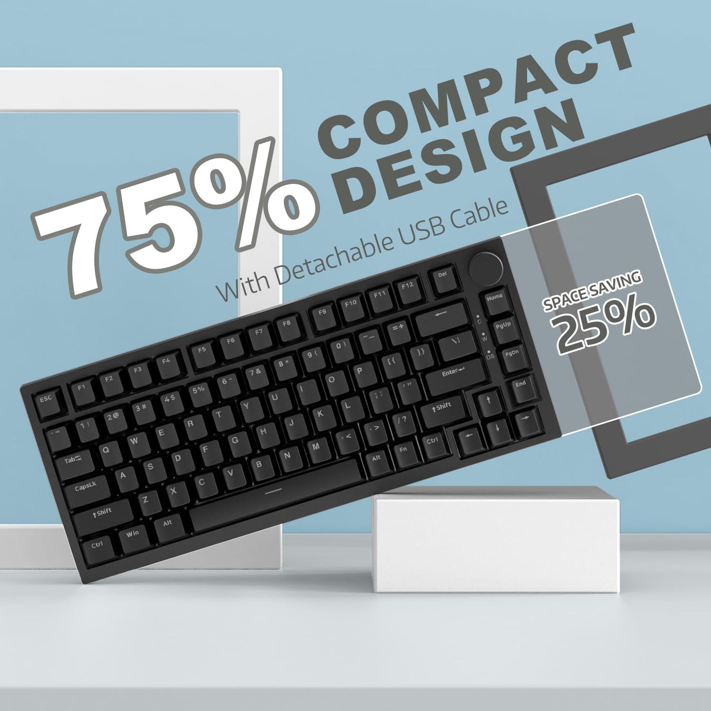 YINDIAO Ajazz AK820 Mechanische Tastatur mit Knopf,75% ANSI-Layout, 81 Tasten,Kabelgebundene Gaming-Tastatur,Verbesserte Dichtungsmontage,Roter Hot-Swap-Schalter,Eisweißes Licht,für PC,MAC (Schwarz)