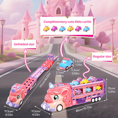 RoserRose Autotransporter Spielzeug ab 2 3 4 5 Jahre Mädchen, Einhorn Transport Truck Autotransporter mit Licht Musik und Rennbahn, LKW mit Autos Spielzeug Kinderspielzeug ab 2 Jahre Mädchen Geschenk