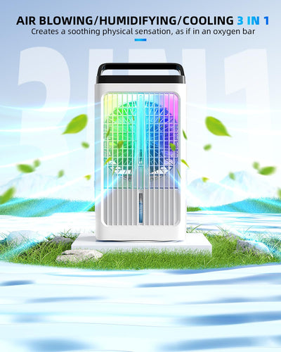 Tragbare Klimaanlage, 1500ml Lüfter, 4 Geschwindigkeiten, 7 Farben LED-Beleuchtung, 2 Sprühfunktionen und 1-8 Stunden Timer, perfekt für Schlafzimmer, Büro