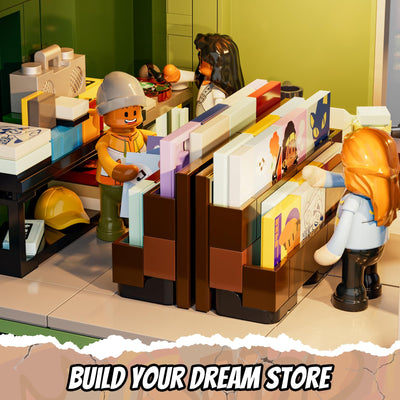 FUNWHOLE Plattenladen Beleuchtung Klemmbausteine Haus - 1980 Pcs Street Fusion Audio Shop, Multi-Form Modular Building Sammlung Kit für Erwachsene & Musikliebhaber,F9058