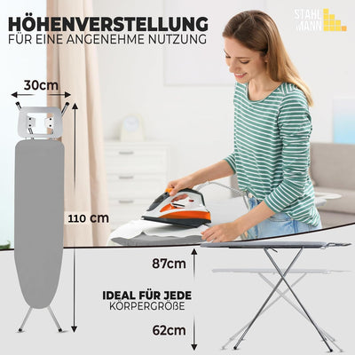 STAHLMANN ® Bügelbrett [110x30 Bügelfäche ] mit rutschfesten Füßen – robuster Bügeltisch [Made IN EU] – extra stabiles Bügelbrett – Tischbügelbrett (grau)
