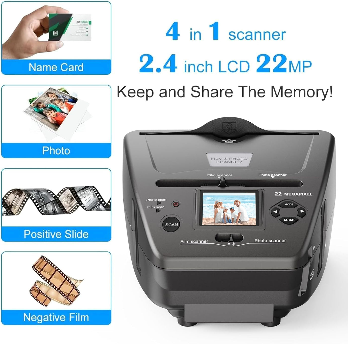 DigitPro Film- und Foto-Scanner mit 2,4-Zoll-LCD-Bildschirm, konvertiert 35 mm/135 Dias und Negativ-Film, Foto, Visitenkarte in 22 MP Digitale Bilder, Scanner-Photo-Slides-Negative-Digital