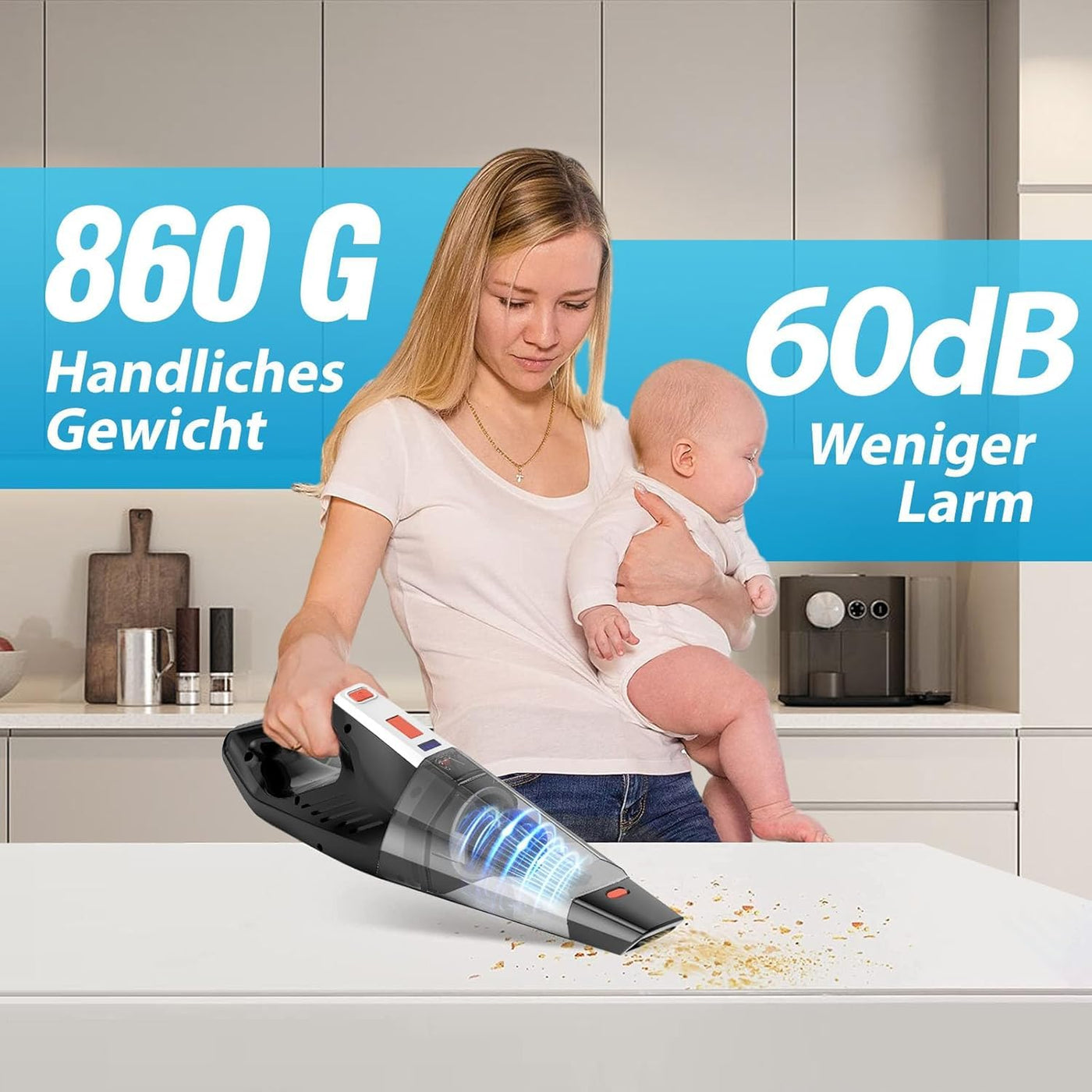 Hihhy Handstaubsauger, 12000Pa Handstaubsauger Akku Beutellos Testsieger, Autostaubsauger 11.1V 135W Kabellos Handsauger Mini Staubsauger Für Auto, Haus, Tierhaare