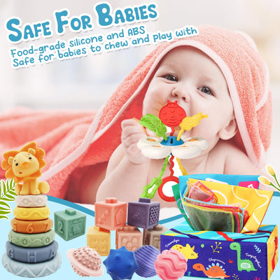 5 in 1 Baby Spielzeug ab 6 9 12 Monate, Montessori Spielzeug Baby, Motorikspielzeug, Stapelspielzeug Blöcken, Tissue Box, Quetsch Bälle Babyspielzeug ab 6 Monate,Geschenk Junge Mädchen 1 Jahr