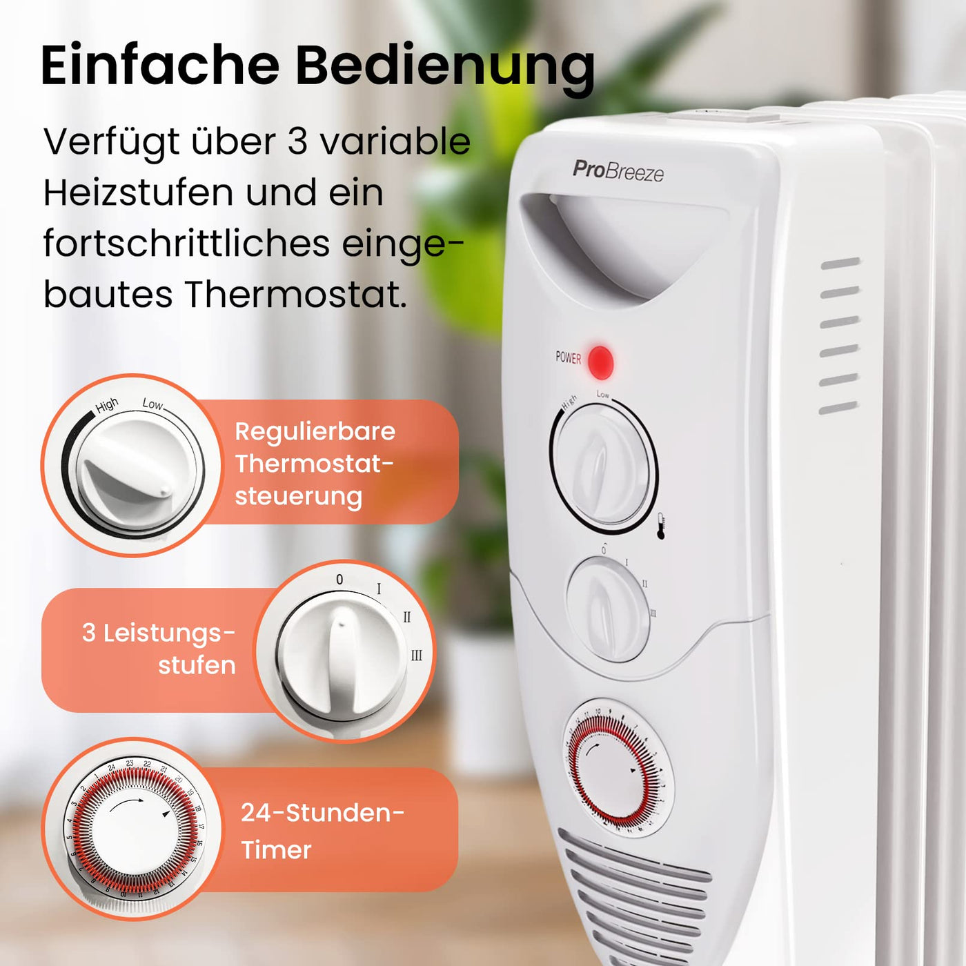 Pro Breeze 2500W Ölradiator energiesparend - Elektro Heizkörper mit 11 Rippen, integrierter Zeitschaltuhr, 3 Heizstufen, regulierbaren Thermostat und Sicherheitsabschaltfunktion