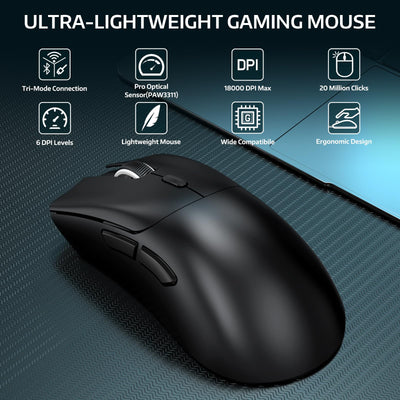 MAMBASNAKE × Attack Shark R1 59 g leichte kabellose Tri-Mode-Gaming-Maus, 2,4 GHz/Bluetooth/Kabelverbindung, 5 programmierbare Tasten, 6 einstellbare DPI bis zu 18000, PixArt PAW3311– Schwarz