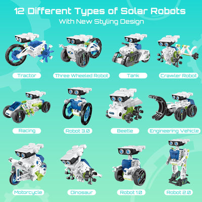 Solar Roboter Spielzeug für Kinder, 12-in-1 Solar Robot Kit Solar oder Wiederaufladbar Batterie Betrieben DIY STEM Bauspielzeug Experimente Spielzeug BausatzJunge ab 8 9 10 11 12 13 Jahren