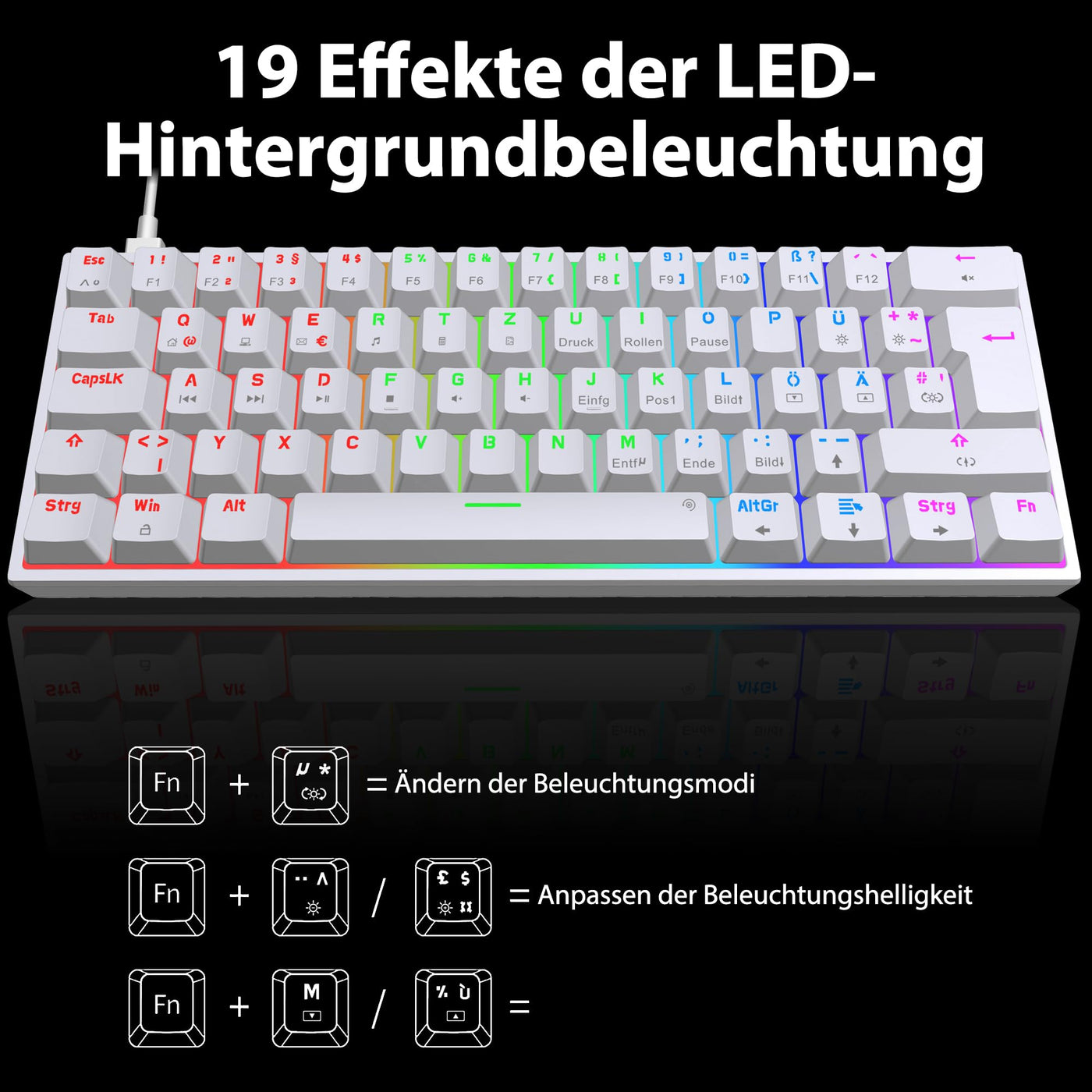 Snpurdiri 60% kabelgebundene mechanische Gaming-Tastatur, 62 Anti-Ghosting-Tasten, Blaue LED-Hintergrundbeleuchtung, ultrakompakte Zwei Stände (Rot Schalter/62 Weiß)