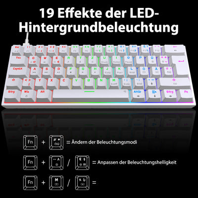 Snpurdiri 60% kabelgebundene mechanische Gaming-Tastatur, 62 Anti-Ghosting-Tasten, Blaue LED-Hintergrundbeleuchtung, ultrakompakte Zwei Stände (Rot Schalter/62 Weiß)