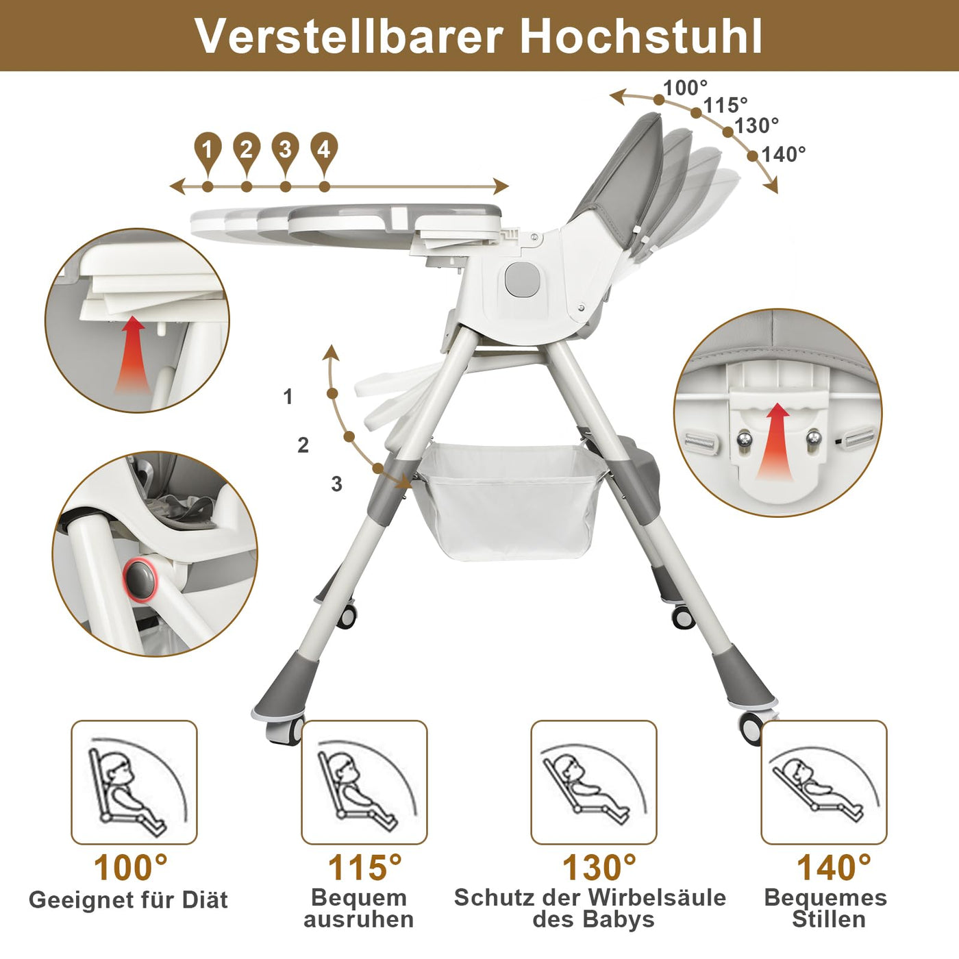 LINELUCK Hochstuhl Baby 6in1 Kinderhochstuhl mit Babyliege und Baby Schaukelstuhl, Verstellbar Klappbar Hochstuhl Baby mit Essbrett und Rollen,Korb, mitwachsend ab 6 Monate bis 6 Jahre Babystuhl