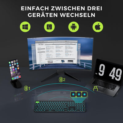 seenda Tastatur kabellos beleuchtet, USB & Bluetooth Tastatur mit 7 Farben Hintergrundbeleuchtung, Wiederaufladbare Leise Funktastatur für PC, Laptop, MacBook,Tablet, QWERTZ Layout(Schwarz)
