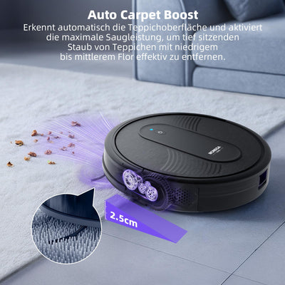 MONSGA Saugroboter mit Wischfunktion 3 in 1, Staubsauger Roboter 3000PA, Saugroboter mit 2 Bürsten, Selbstaufladend, WiFi, 140Mins, Ideal für Tierhaare, Teppich, Hartboden (Schwarz)