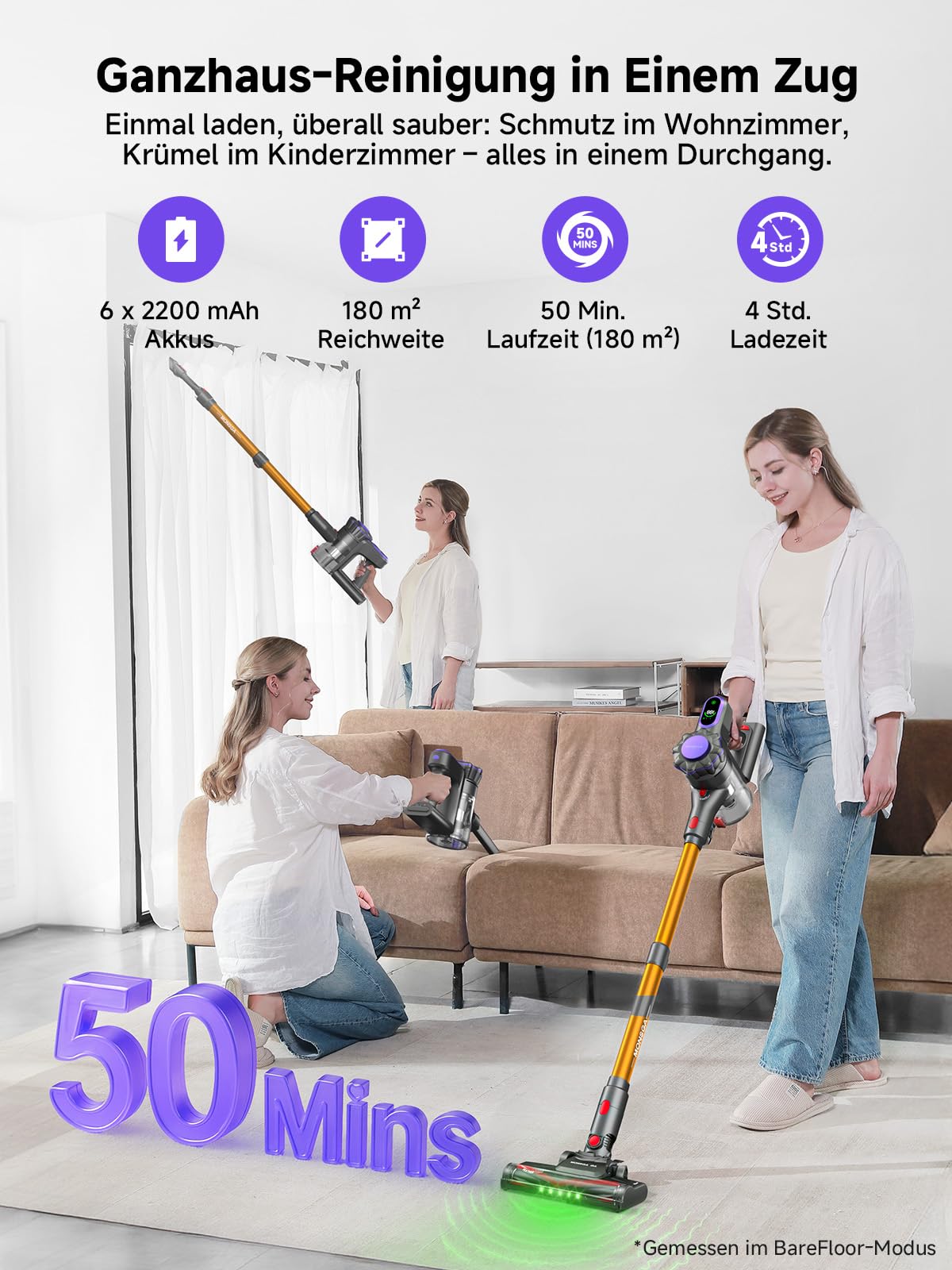 MONSGA Akku Staubsauger,45000Pa/50Mins Staubsauger Kabellos mit Display/Anti-Tangle-Bürste,Selbststehend,Wandladestation,8-Schicht-Filtration,Bürstenloser Motor,für Hartböden Teppiche Tierhaare Auto