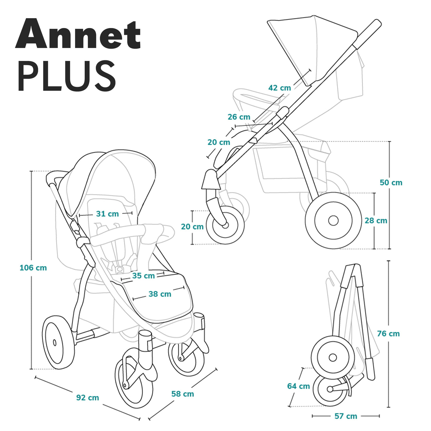 LIONELO Annet Plus Buggy bis 22 kg mit Liegefunktion, Kinderwagen klein zusammenklappbar mit Zubehör, Eva-Schaum-Räder, Moskitonetz, Fußdecke Getränkehalter, Korb