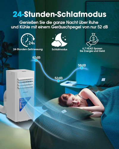 Lovewind Mobiles Klimagerät 9000 BTU (Eco R290), Leise 52 dB, Tragbare Klimaanlage mit Fernbedienung, 4-in-1 Kühlung, Entfeuchtung, Belüftung und Schlafen, IPX1 für Innenräume Büro