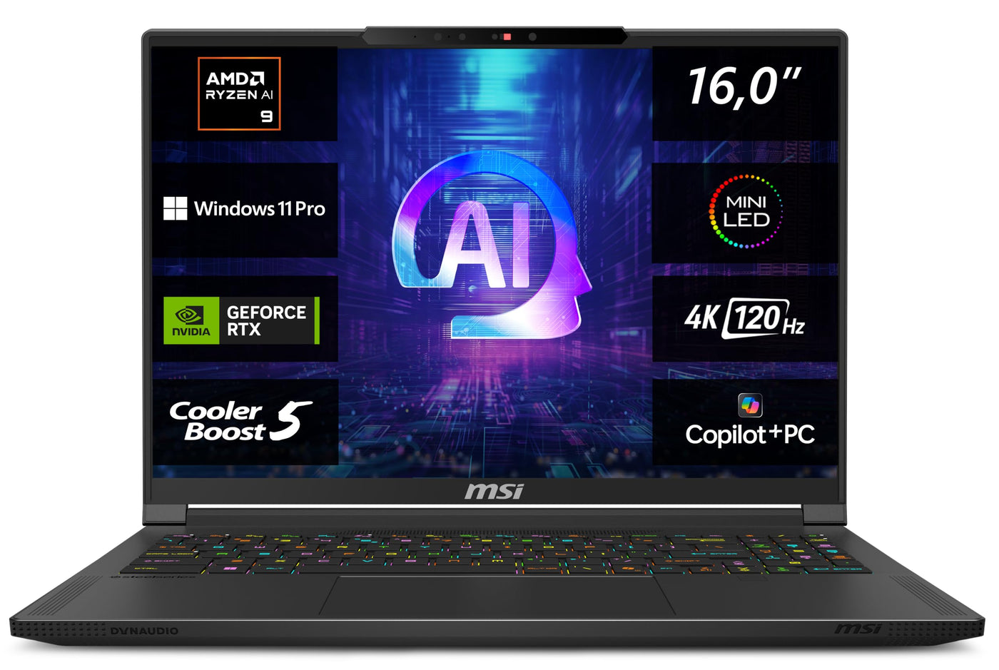 MSI Stealth A16 AI+, Gaming Laptop, Copilot+ PC, 16,0" UHD+, AMD Ryzen AI 9 HX 370 Prozessor, 32 GB LPDDR5X-7500 RAM, 2 TB, NVIDIA GeForce RTX 4070, Windows 11 Pro, QWERTZ Tastatur, A3XVGG-203