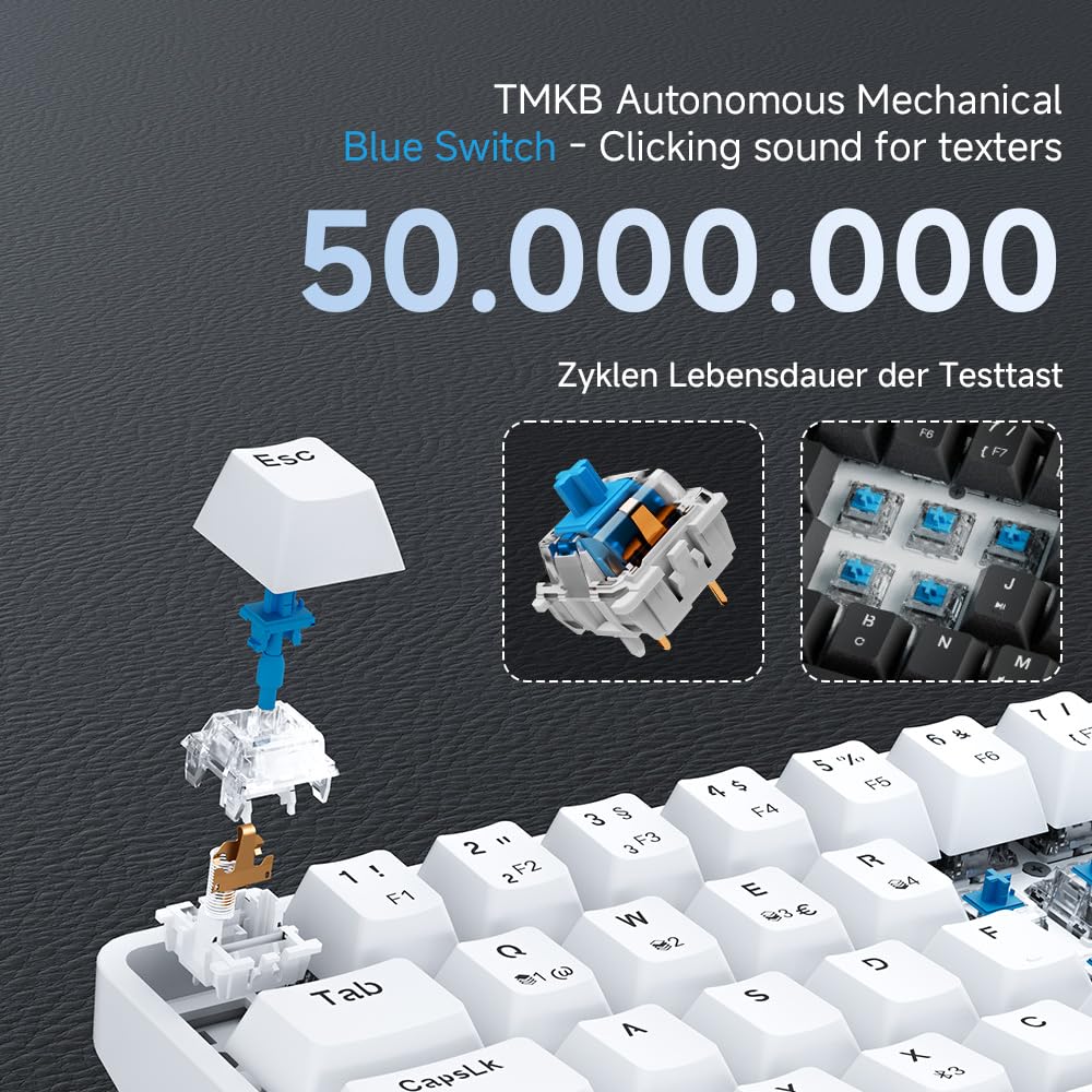 TMKB T68 Gaming Tastatur,60% Kabellos Mechanische RGB Tastatur mit Bluetooth/2.4G/Typ-C,Compact 68 Tasten Anti-Ghosting,Deutsches QWERTZ Layout,Blue Clicky Switch,weiße