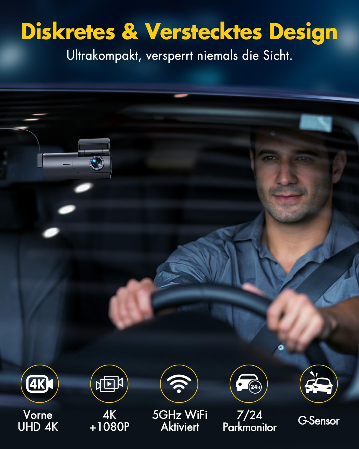 GKU Dashcam Auto Vorne Hinten 4K+1080P, 5GHz WiFi Dash Cam mit 64GB SD Karte, Auto Kamera mit Parküberwachung, Super Nachtsicht, WDR, 170° Weitwinkel, G-Sensor, Loop-Aufnahme, APP Steuerung, Max 256GB