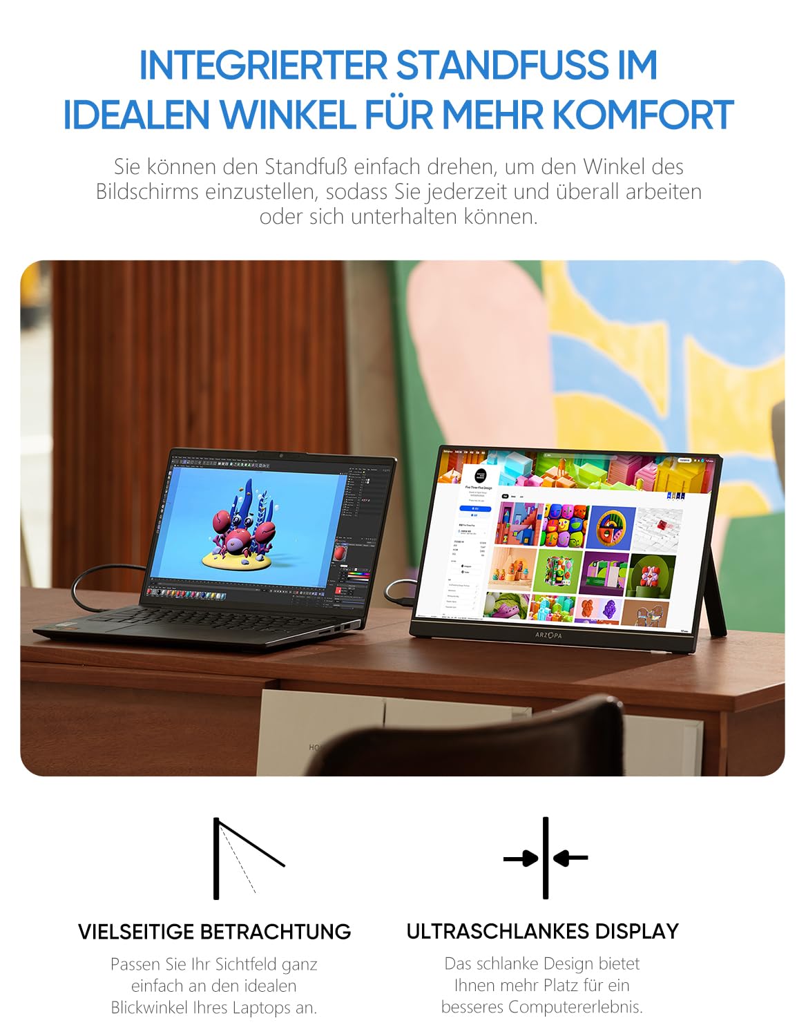 ARZOPA 16.0" 2.5k Portable Monitor, 2560x1600 HDR Display, 500nits 8bit QHD, USB-C HDMI Tragbarer Monitor für Laptop, 16:10 IPS, Unipolar Support für Mac PC PS4/5 Xbox Switch