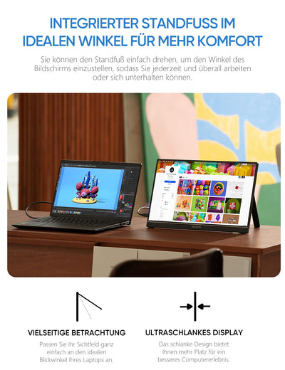 ARZOPA 16.0" 2.5k Portable Monitor, 2560x1600 HDR Display, 500nits 8bit QHD, USB-C HDMI Tragbarer Monitor für Laptop, 16:10 IPS, Unipolar Support für Mac PC PS4/5 Xbox Switch