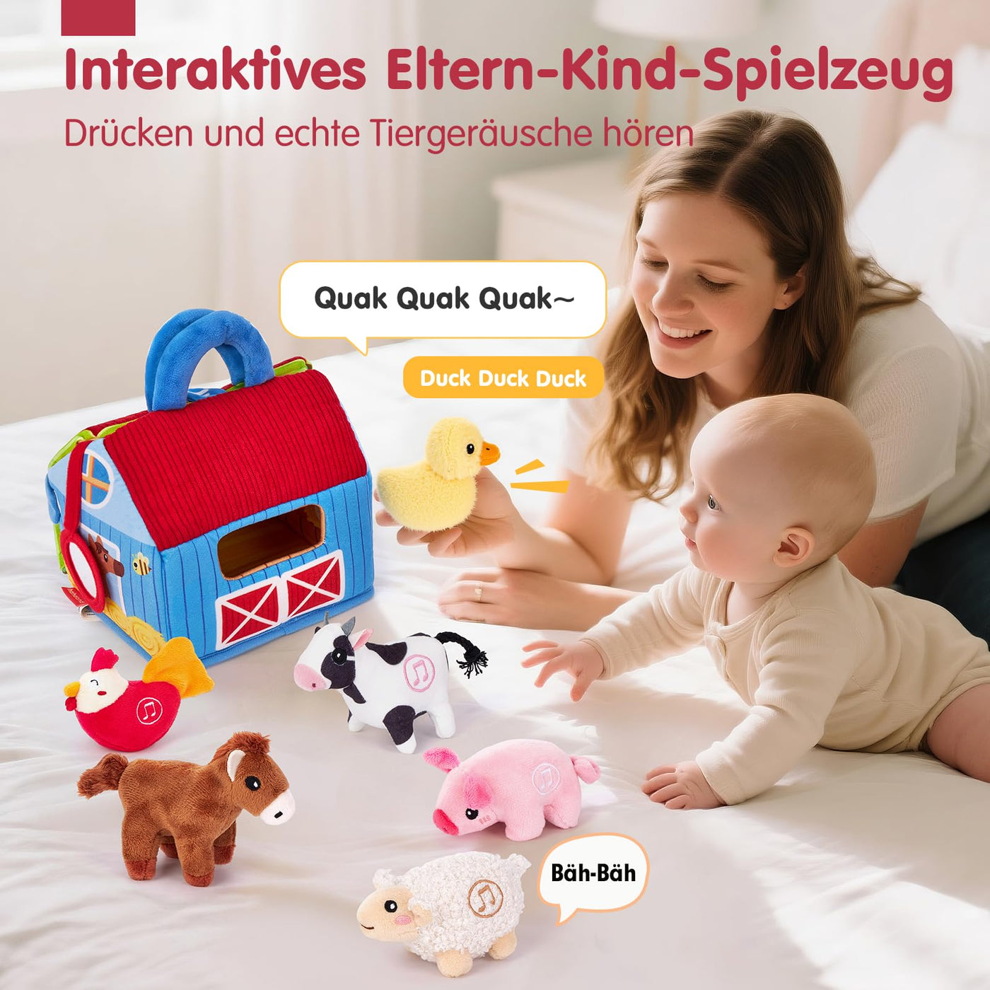 hahaland Bauernhof Baby Spielzeug 6 Monate mit 2-in-1 Scheunen & Spielmatten,7 Sensorik Plüschtiere Set– Macht Tiergeräusche & Spricht Englische Tiernamen,Montessori Baby Geschenk ab 6 7 8 9 10 Monate