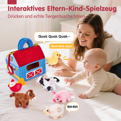 hahaland Bauernhof Baby Spielzeug 6 Monate mit 2-in-1 Scheunen & Spielmatten,7 Sensorik Plüschtiere Set– Macht Tiergeräusche & Spricht Englische Tiernamen,Montessori Baby Geschenk ab 6 7 8 9 10 Monate
