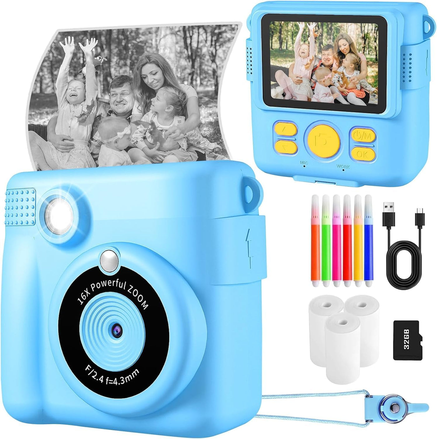 Kinderkamera Spielzeug, 2.4 Zoll Bildschirm DIY Sofortbildkamera Kinder, 1080P HD-Video Digitalkamera für Kinder, mit 32GB SD Karte & Druckpapier, Geschenk für Mädchen & Jungen ab 3-14 Jahren (Blau)