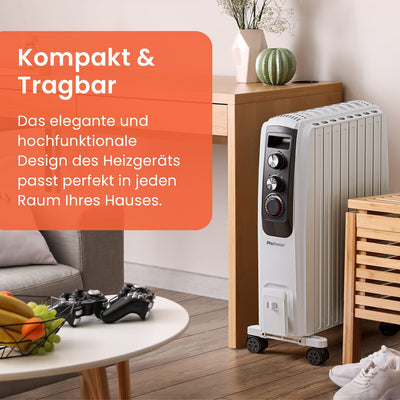 Pro Breeze Tragbarer Ölradiator, 8 Elemente, 2000 W, mit 3 Heizleistungen, einstellbarer Thermostat, 24-Stunden-Timer, energiesparende elektrische Heizung