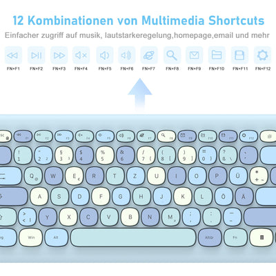 PINKCAT Tastatur Maus Set kabellos farbig, 2.4G Bunte Funktastatur mit Maus Retro Tastatur Cute Wireless Keyboard Silent Mouse für Computer/Desktop/PC/Laptop Geschenke - Blau