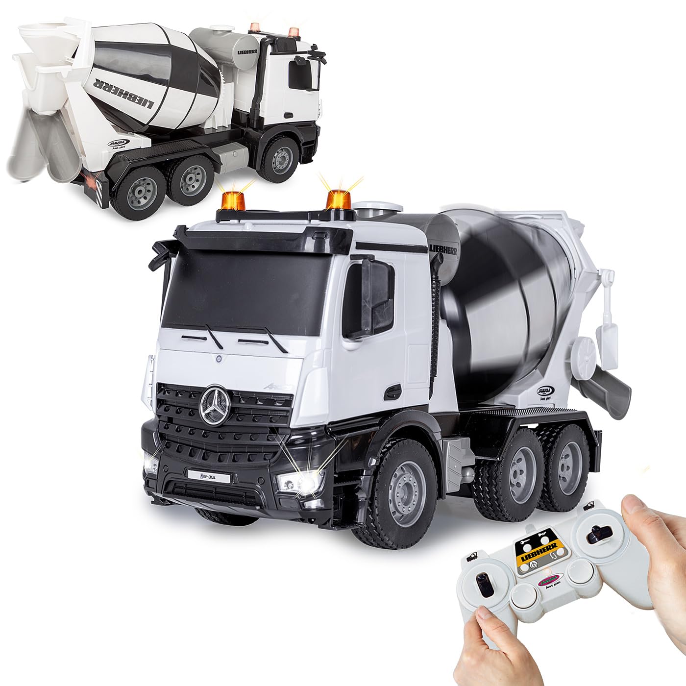 JAMARA Fahrmischer Mercedes-Benz Arocs Liebherr 1:20 2,4GHz - Offiziell lizenziert, Rückfahrwarnsound, 4 Radantrieb, Profilierte Gummireifen, LED Licht, Mischtrommel drehbar mit Entladefunktion