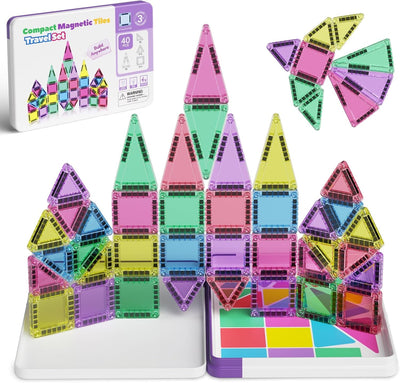 Magnetische Fliesen, 40-teilige Reise Magnetische Bausteine Set, MINI Magnet Fliesen Bauspielzeug mit Ironbox für Alter 3 + Jungen Mädchen, On-The-go Play STEM Montessori Magnetische Spielzeug
