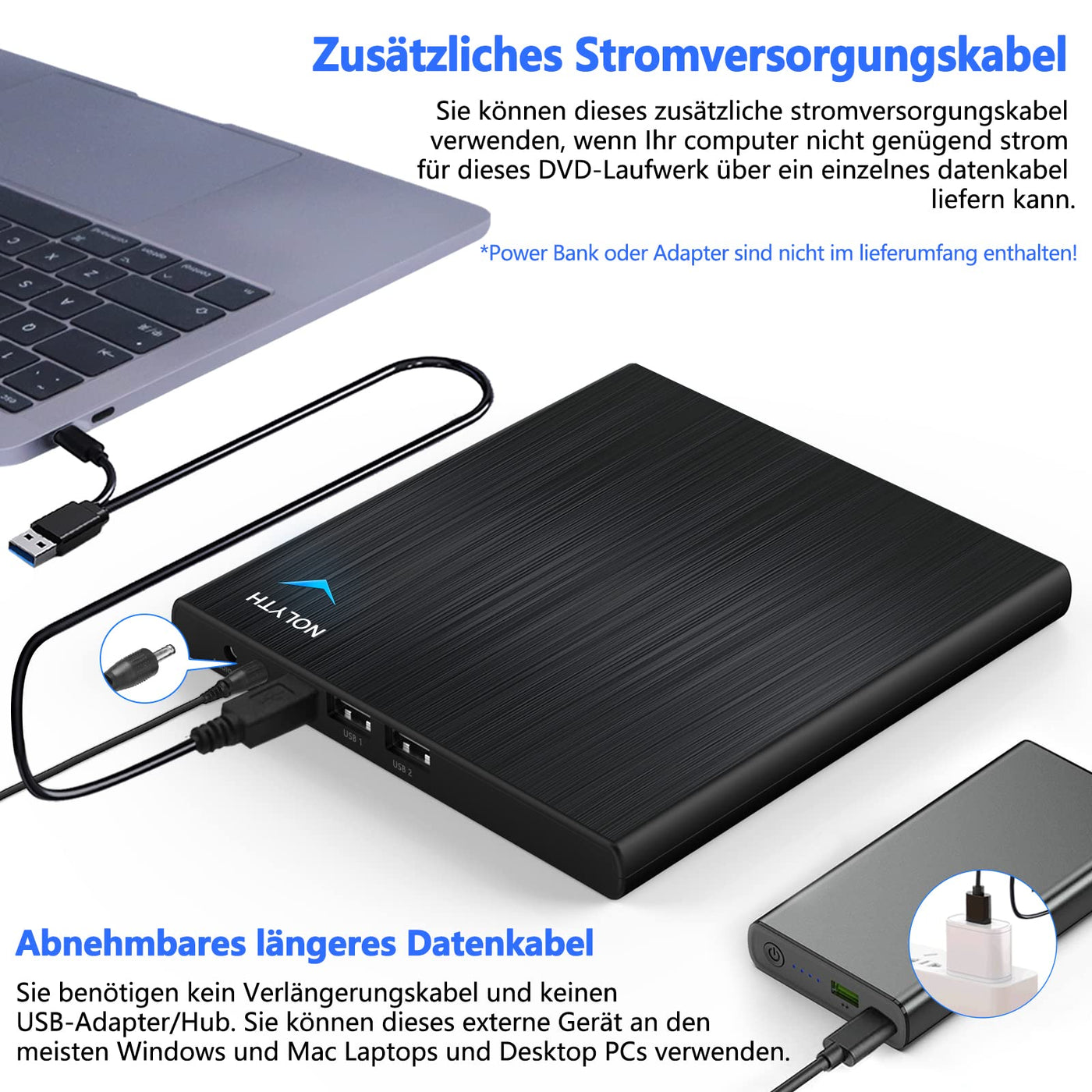 NOLYTH Externes DVD Laufwerk Extern, Externes CD Laufwerk Extern USB mit 1 Audio 2 USB Slots, Externe Optische Laufwerke DVD Brenner Extern Externes Laufwerk für Laptop Mac PC MacBook Windows