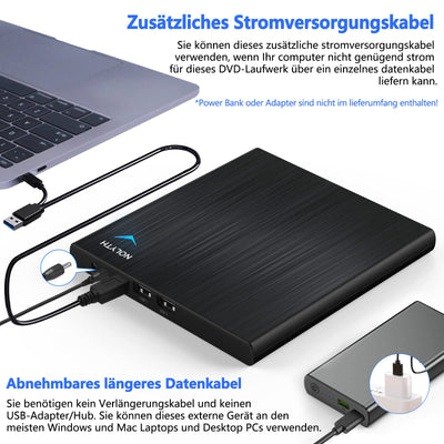 NOLYTH Externes DVD Laufwerk Extern, Externes CD Laufwerk Extern USB mit 1 Audio 2 USB Slots, Externe Optische Laufwerke DVD Brenner Extern Externes Laufwerk für Laptop Mac PC MacBook Windows