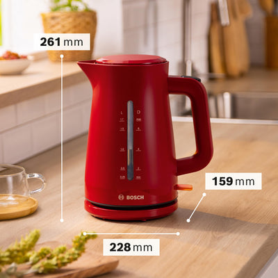 Bosch kabelloser Wasserkocher MyMoment TWK3M124, Abschaltautomatik, Überhitzungsschutz, Tassenanzeige, beidseitige Wasserstandsanzeige, entnehmbarer Kalkfilter, 1,7 L, 2400 W, Rot matt