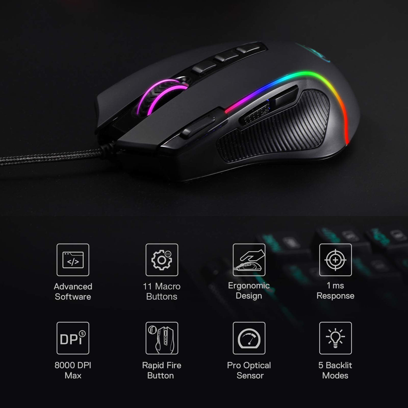 Redragon M612 Predator RGB Gaming Maus, 8000 DPI kabelgebundene optische Maus mit 11 programmierbaren Tasten & 5 Hintergrundbeleuchtungsmodi, Software unterstützt DIY Keybinds Rapid