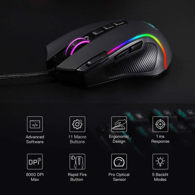 Redragon M612 Predator RGB Gaming Maus, 8000 DPI kabelgebundene optische Maus mit 11 programmierbaren Tasten & 5 Hintergrundbeleuchtungsmodi, Software unterstützt DIY Keybinds Rapid