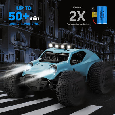 Kizeefun Ferngesteuertes Auto, 2.4Ghz 1/20 RC Auto Geländewagen 20 km/h Alle Gelände, Elektrisches Spielzeug, Offroad mit 2 AKKU 50min Spielzeit und LED Scheinwerfer, Geschenk für Kinder