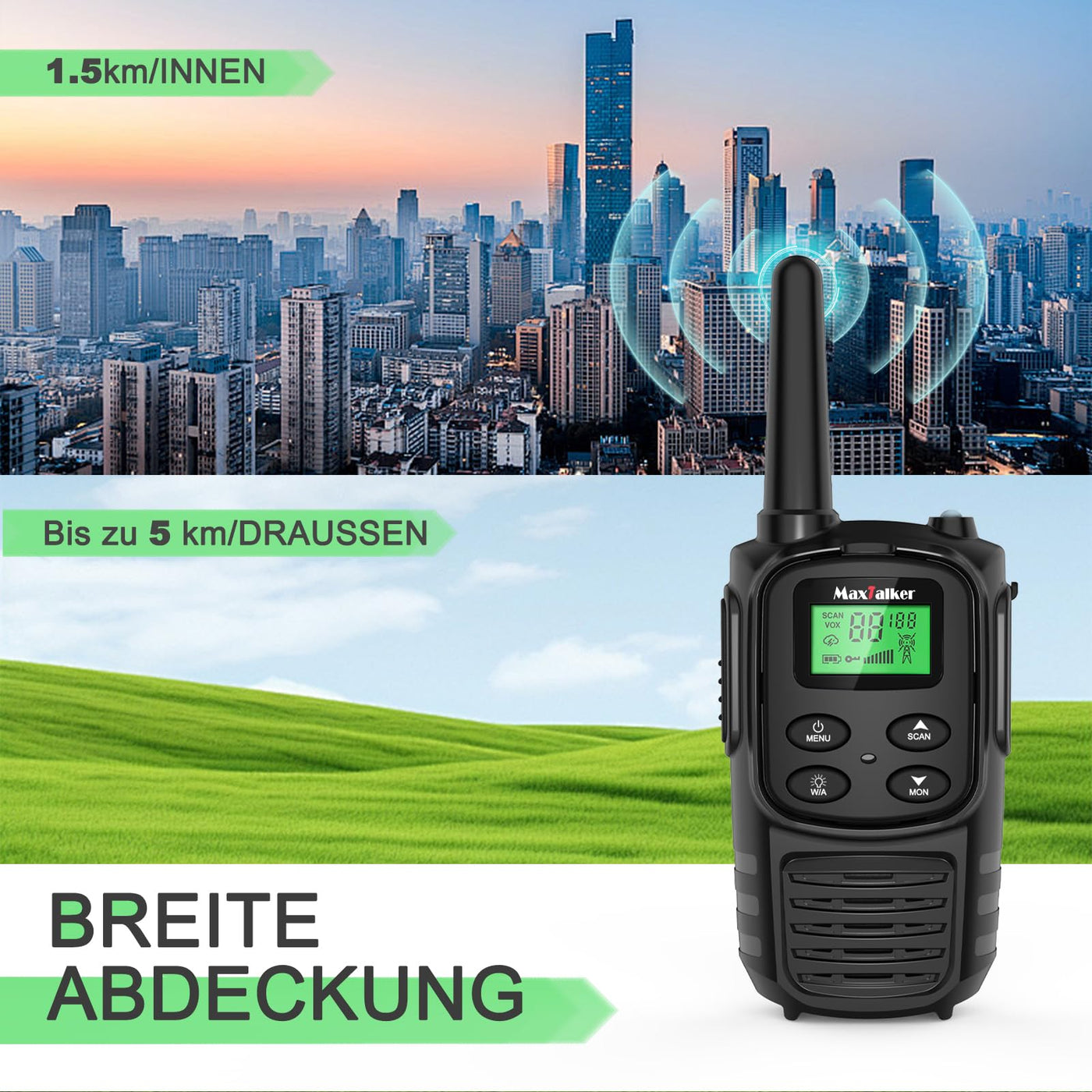 MaxTalker MT10 Walkie Talkie Aufladbar für Erwachsene Kinder Funkgeräte, 1200mAh Li-Ion Batterie, USB-C Kabel, LED Taschenlampe, VOX Funkgeräte für Wandern und Camping,4er Set