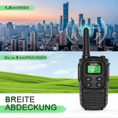 MaxTalker MT10 Walkie Talkie Aufladbar für Erwachsene Kinder Funkgeräte, 1200mAh Li-Ion Batterie, USB-C Kabel, LED Taschenlampe, VOX Funkgeräte für Wandern und Camping,4er Set